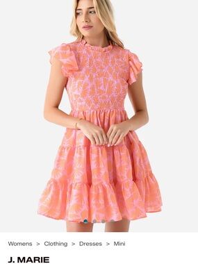 J. Marie Pink & Coral Flutter-Sleeve Smocked Mini Dress, like new